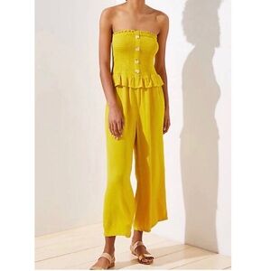 Ann Taylor LOFT Beach Smocked Ruffle Strapless Crop Wide Leg Jumpsuit Yellow XS